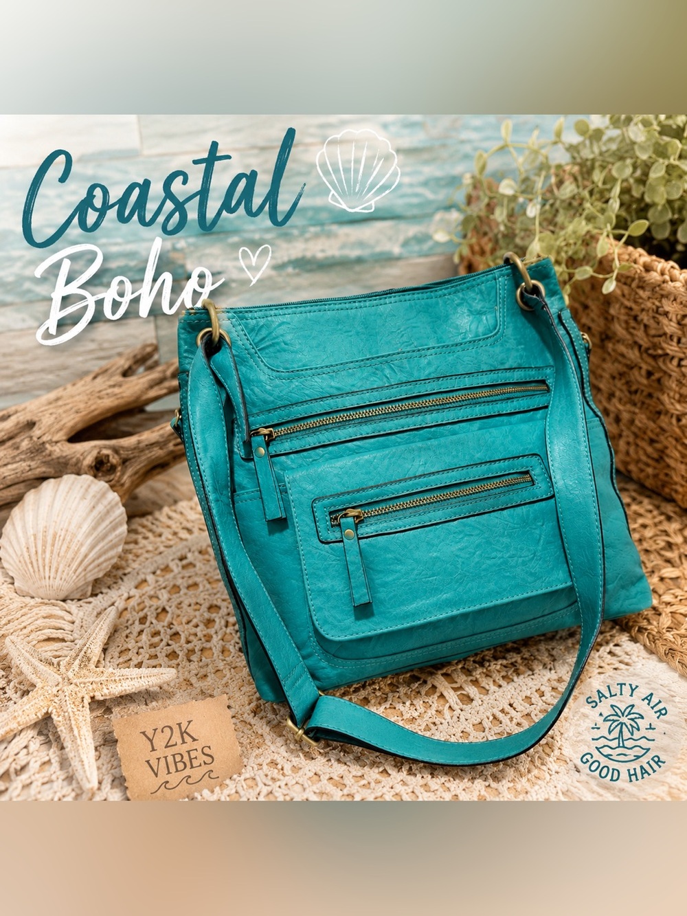 GAL Turquoise Faux Leather Crossbody Tote Bag Multi Zip Boho Purse